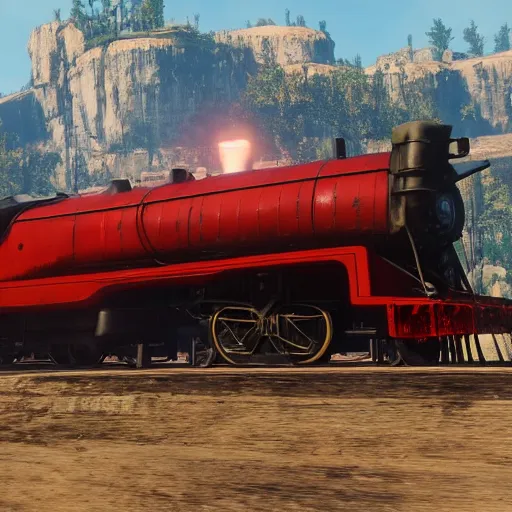 Image similar to futuristic sleek steam locomotive in red dead redemption 2