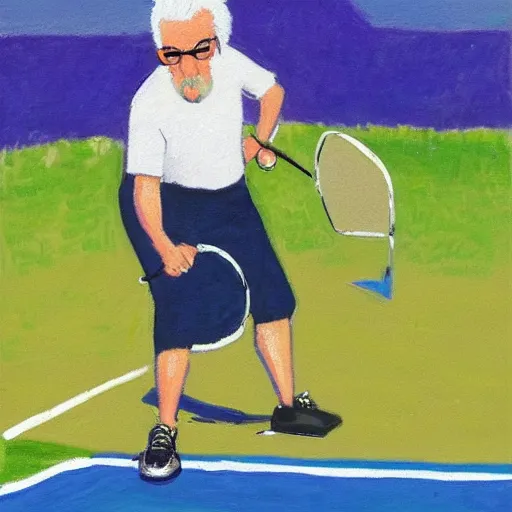 Prompt: a man with white hair and circular glasses and playing pickleball on a sunny day, impressionist painting in the style of renior