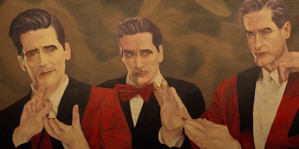 Prompt: twin peaks black lodge fresco painting, renaissance, agent cooper, dale cooper