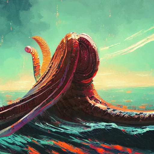 Image similar to a painting of a large coiled leviathan, by alena aenami and greg rutkowski