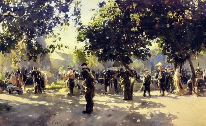 Prompt: oil painting lanscape by anders zorn, nature, fruit trees, very very very very beautiful art, dramatic light, police arrests, police violence, police in street with police cars