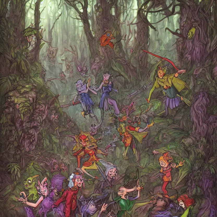 Prompt: a scene of elves running through a clearing in a dark fantasy forest surrounded by darkness and colorful cartoon monsters. hyperrealist illustration. muted colors. 1 9 7 0's pulp science fiction and fantasy cartoon for alice in wonderland and wizard of oz. highly detailed and richly colored painting by don ivan punchatz and basil gogos. trending on artstation
