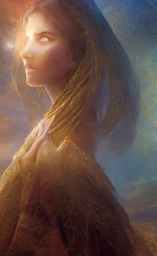 Image similar to crossing over the spiritual veil to heaven, sharp focus, intricate, elegant, digital painting, artstation, matte, highly detailed, concept art, illustration, volumetric lighting, gold and blue and pink color scheme, bokeh light, art by greg olsen, arnold friberg, and liz lemon swindle