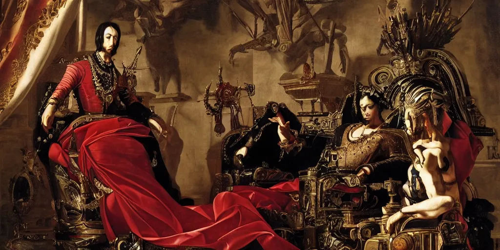 Image similar to epic, low angle, digital painting, of a 1 7 th century, decadent, cyborg king holding court in his throne room, dark hair, piercings, amber jewels, baroque, ornate dark red opulent clothing, scifi, futuristic, realistic, hyperdetailed, concept art, art by caravaggio, masterpiece