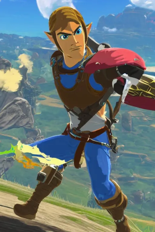 Image similar to in game footage of captain falcon from the legend of zelda breath of the wild, breath of the wild art style.