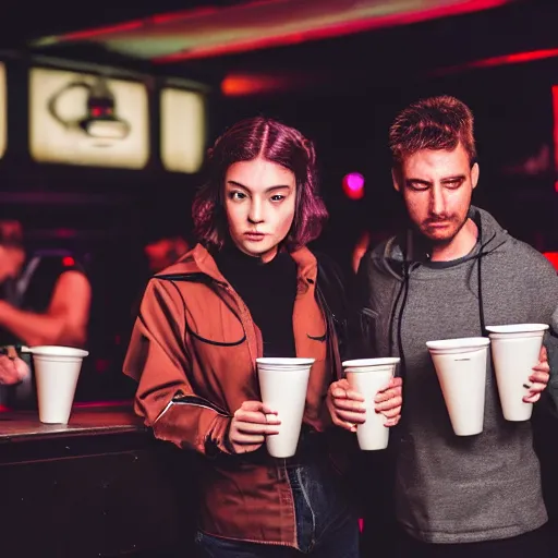 Image similar to photograph of retro techwear people with solo cups loitering near the bar of a packed busy rundown nightclub, retrofuturism, brutalism, cyberpunk, sigma 85mm f/1.4, 35mm, 4k, depth of field, high resolution, 4k, 8k, hd, highly detailed, full color