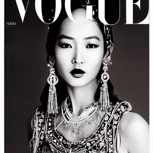 Prompt: a beautiful professional photograph by hamir sardar, herb ritts and ellen von unwerh for the cover of vogue magazine of a beautiful and happy looking tibetan female fashion model looking at the camera in an aloof way, zeiss 5 0 mm f 1. 8 lens
