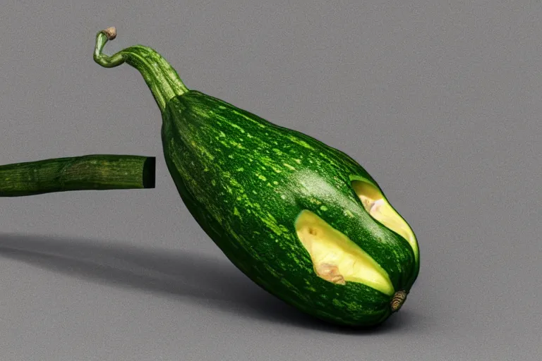 Image similar to detailed 3 d render of a mad zucchini with a long sword running down a dirt road chasing after a panicking tomato, hyper realistic octane render, dramatic lighting, high speed chase, wide angle, nightmare, surrealism