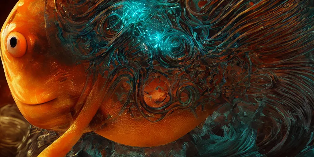 Image similar to goldfish, stylized layered textures, long flowing fins, bioluminescent orbs, 3 d render, substance painter, glowing eye, smooth, sharp focus, art by h r giger