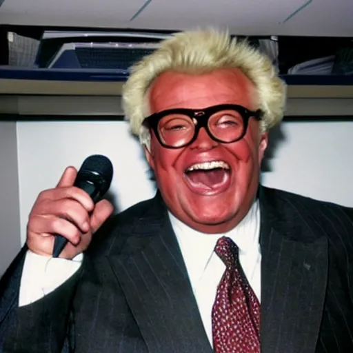 Prompt: harry caray singing in press box