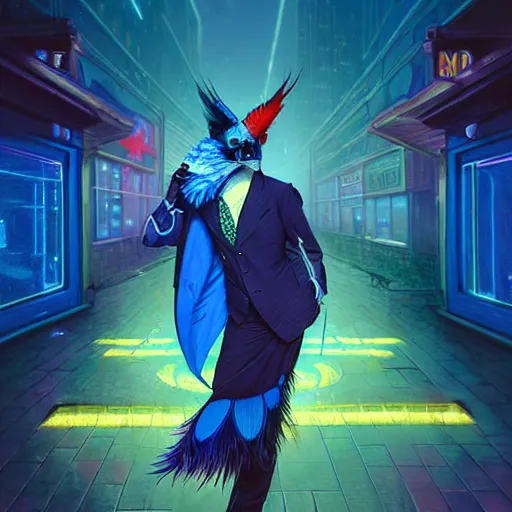 Image similar to female anthropomorphic blue jay with exquisite feathers and wearing a tie and vest in a cyberpunk city at night. Neon lights. Renowned character illustration by greg rutkowski, thomas kindkade, alphonse mucha, loish, norman rockwell.