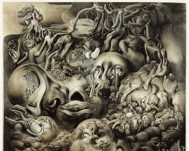 Image similar to a surreal landscape inhabited strange figures in the background that get larger in the forgeound by hans bellmer, salvador dali, rachel ruysch