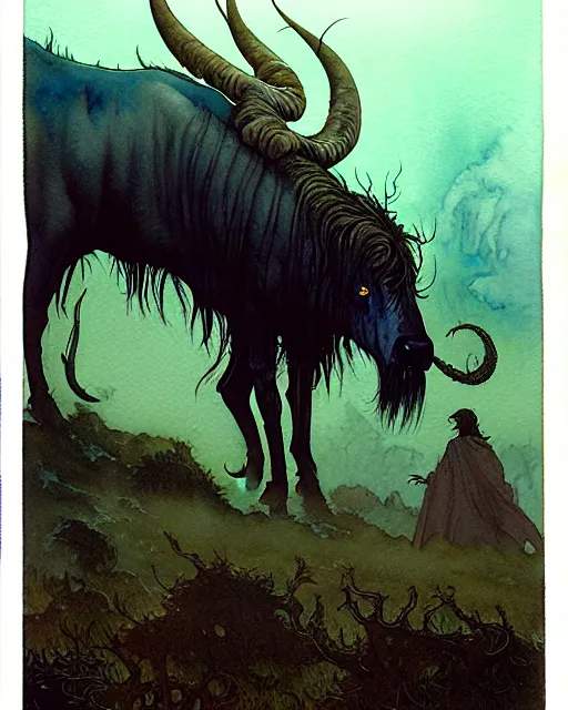 Prompt: a realistic and atmospheric watercolour fantasy character concept art portrait of a 4 0 ft. tall lovecraftian wildebeest emerging from the mist on the moors of ireland at night. by rebecca guay, michael kaluta, charles vess and jean moebius giraud