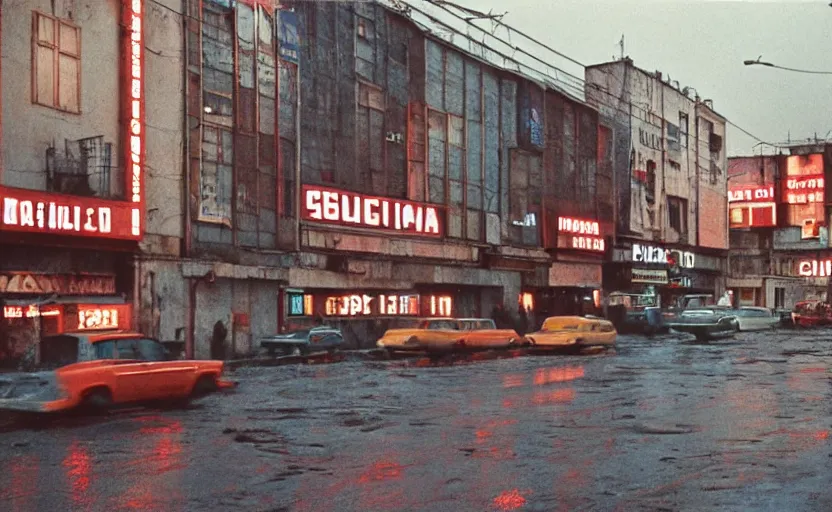 Prompt: 70s movie still of a soviet street from Sarajevo in 1960s , Cinestill 800t 18mm, heavy grainy picture, neon billboards at night, rain, mud