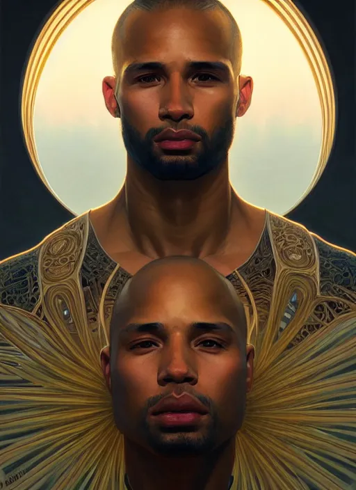 Image similar to symmetry!! portrait of terrence boyd, golden hour, intricate, elegant, highly detailed, digital painting, artstation, concept art, smooth, sharp focus, illustration, art by artgerm and greg rutkowski and alphonse mucha