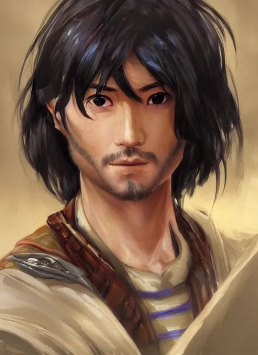 Image similar to asian with medium black hair man looking down at camera, low angle, camera low, dndbeyond, bright, colourful, realistic, dnd character portrait, full body, pathfinder, pinterest, art by ralph horsley, dnd, rpg, lotr game design fanart by concept art, behance hd, artstation, deviantart, hdr render in unreal engine 5