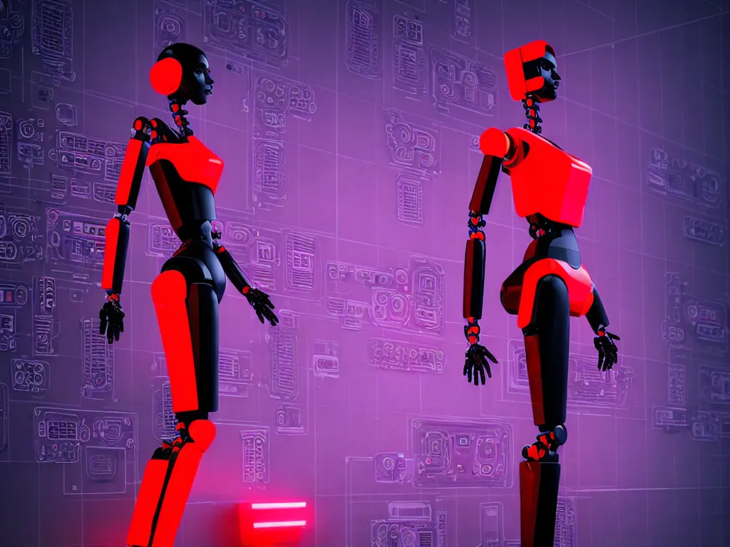 Prompt: beautiful tall female robot printed with red and black 3 d geometrical neon guarding a wall of computers!!!!!!!!!! + flowering vaporwave orchids!!!, clean linework, dramatic, uncanny valley, insanely detailed, 4 k, trending on artstation, photorealistic, award winning, rule of thirds, volumetric lighting, octane render