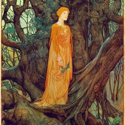 Image similar to the queen of the forest in a tree, by Annie Swynnerton and jean delville and Edmund Dulac and Nicholas Roerich and Tino Rodriguez, elaborately costumed, rich color, dramatic cinematic lighting, extremely detailed