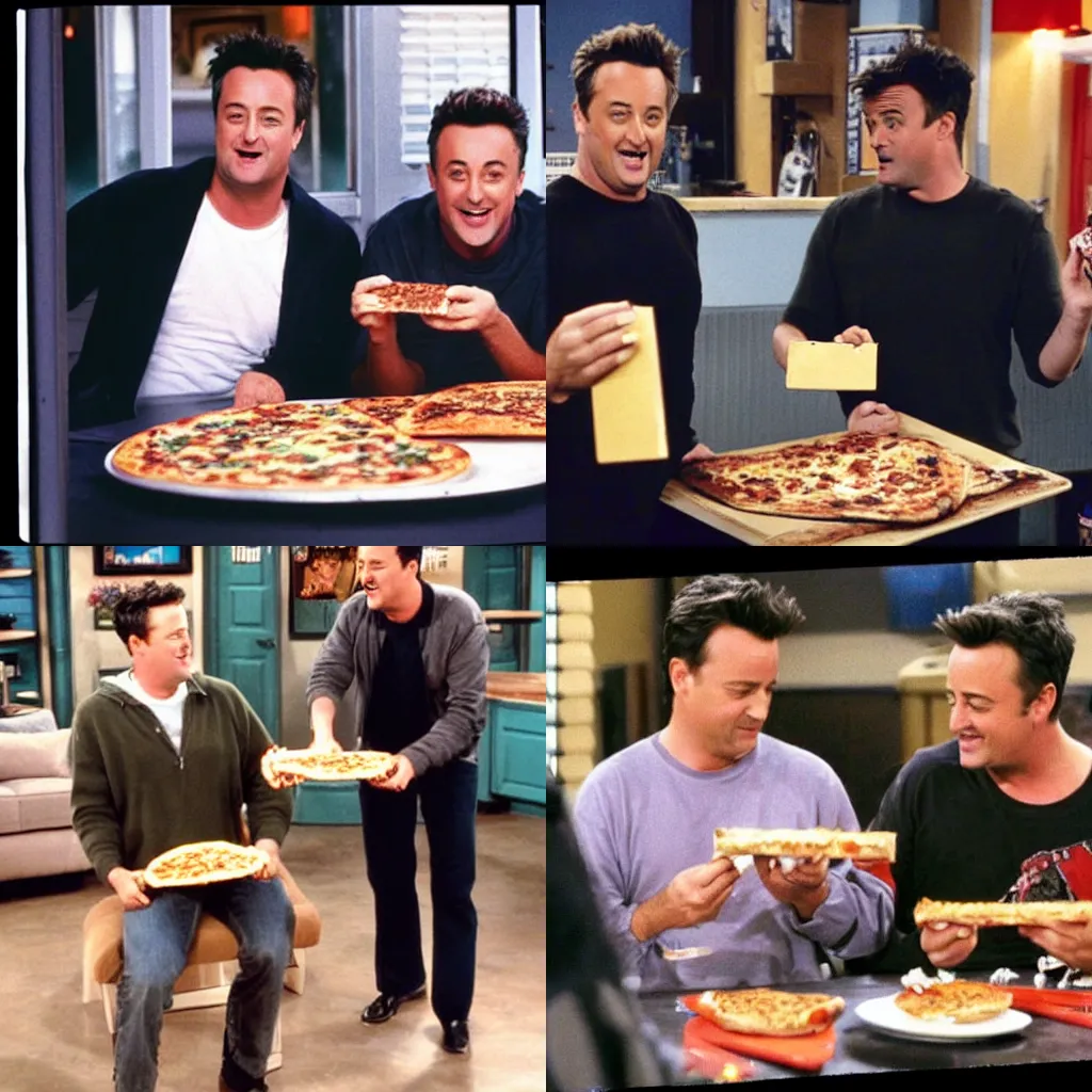 Prompt: Matthew Perry and matt leblanc eating pizza, pinhole photo, friends sitcom screenshot