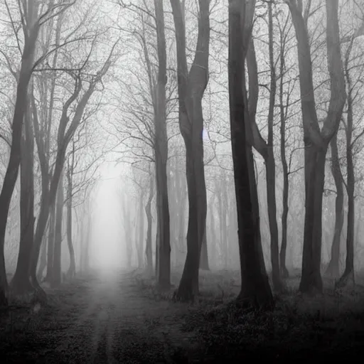 Image similar to i am looking for a horror image that includes a dark, foreboding forest with twisted, gnarled trees. there should be a foggy, ethereal quality to the image, and the light should be dim and eerie. i would like the image to include at least one figure, who should be shrouded in darkness.
