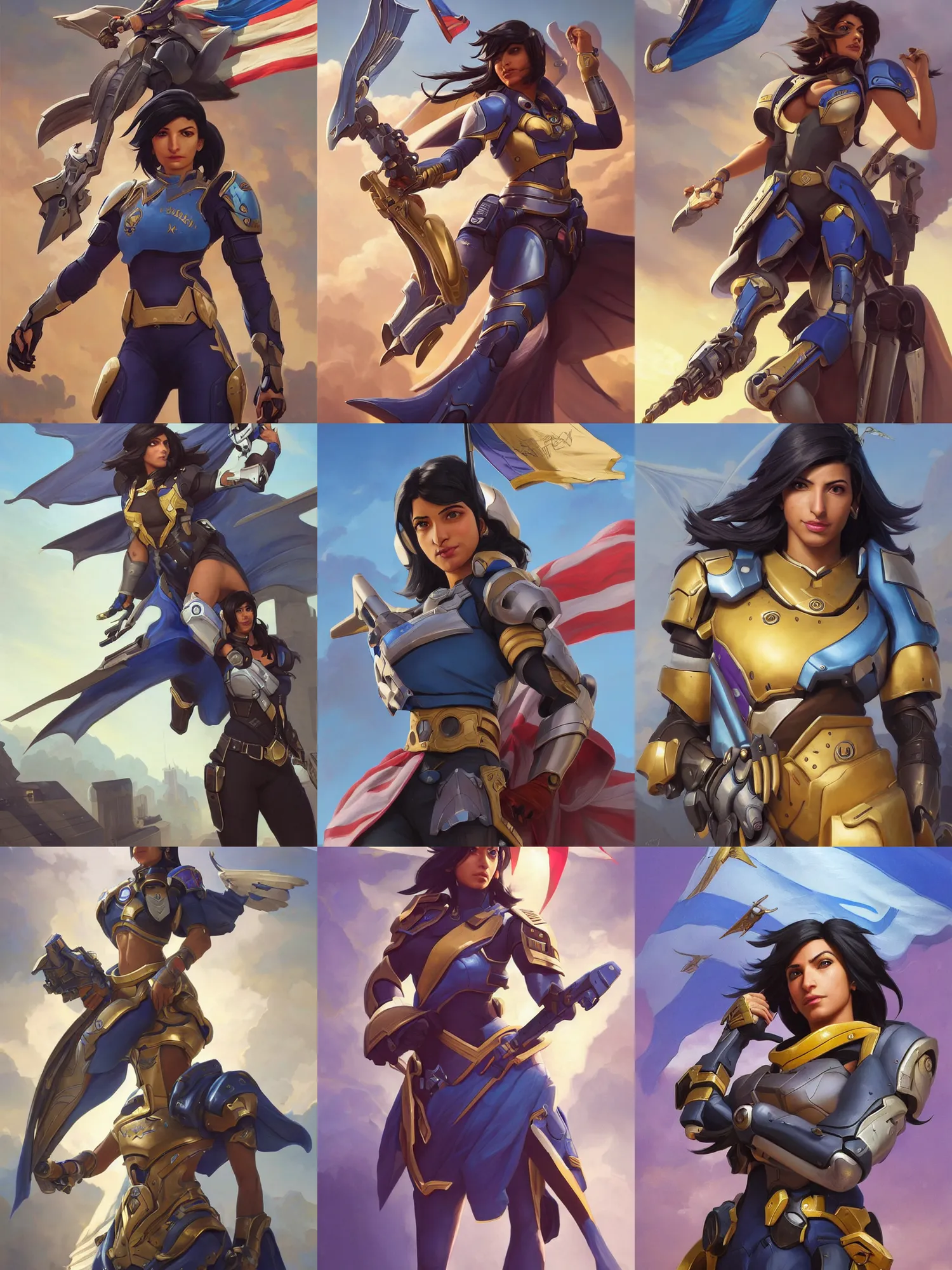 Prompt: character portrait of a Pharah from Overwatch, she is flying and holding a flag, D&D, scifi, portrait, highly detailed, digital painting, artstation, concept art, sharp focus, illustration, art by artgerm and greg rutkowski and magali villeneuve and alphonse mucha,Lucas Graciano, digital art, steve argyle, peter Mohrbacher, Davi Blight, orientalism and bouguereau and Zdzislaw Beksinski