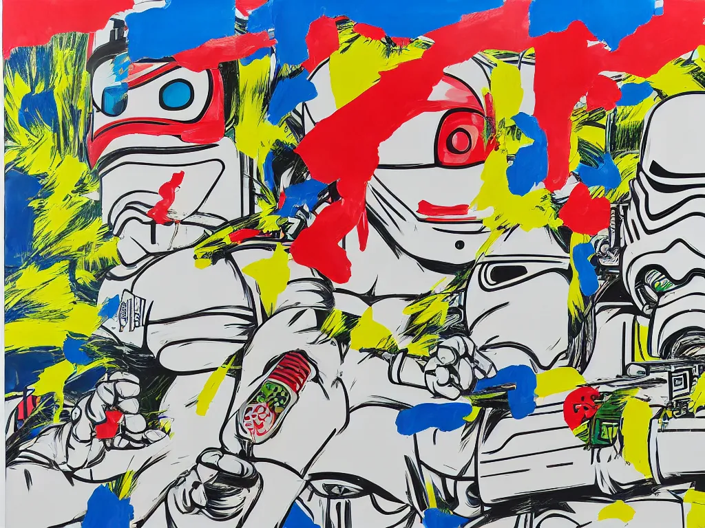 Prompt: hyperrealism composition of the japanese home with a garden, detailed stormtrooper in hot springs, pop - art style, jacky tsai style, andy warhol style, roy lichtenstein style, acrylic on canvas