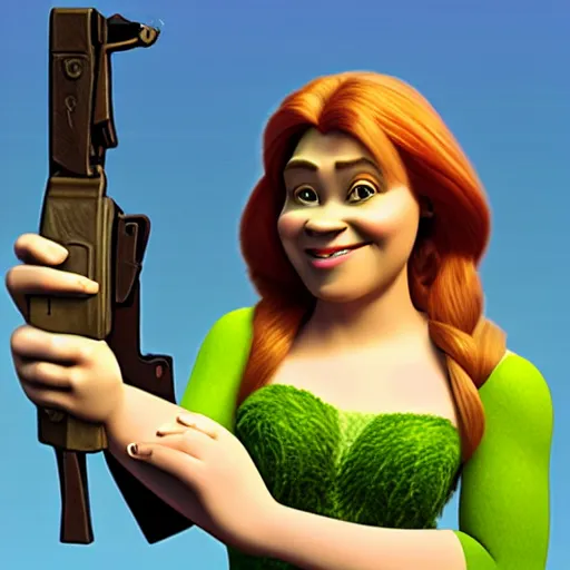 fiona from shrek holding a gun, Stable Diffusion