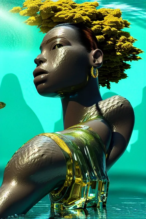 Image similar to hyperrealistic neo - modern cinematic half underwater scene with fish and algae, very expressive! translucent elegant african goddess getting out of water, gold jewerly, highly detailed face, digital art masterpiece, aykut aydogdu zener, dramatic volumetric light, long shot, low angle uhd 8 k, sharp focus