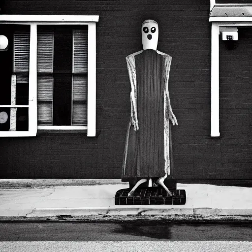 Image similar to the Babadook standing across the street, photograph, black and white