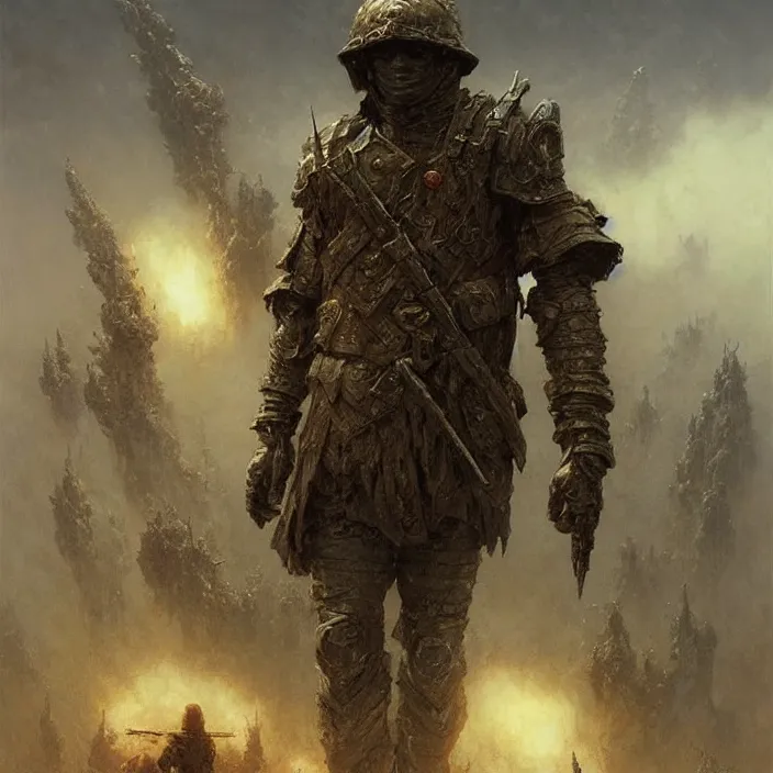 Image similar to 4k fantasy soldier ,art by zdzisław Beksiński, art by greg rutkowski, art by craig mullins, art by thomas kincade, art by Yoshitaka Amano