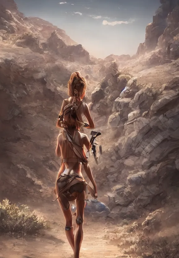 Prompt: scavenger girl hunting in the desert concept art, symmetrical, rule of three, detailed body, detailed face, ultradetailed digital illustration, 8 k, epic atmosphere, digital art by dang my linh and simon cowell