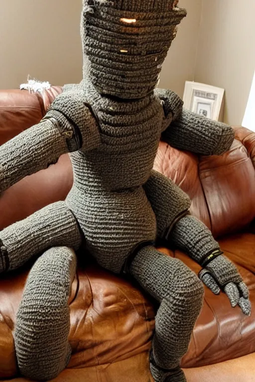Prompt: knitted power armor from fallout lies on the couch