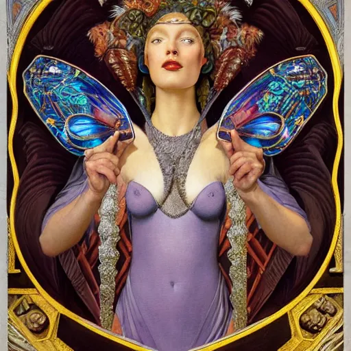 Prompt: masterpiece neoclassicist closeup renaissance portrait of an art deco fairy queen, glowing eyes. reflective detailed textures, moth wings, highly detailed fantasy science fiction painting by moebius and norman rockwell and donato giancola and nicholas roerich, elaborate geometric ornament, ancient runes, silver and cool colors. artstation