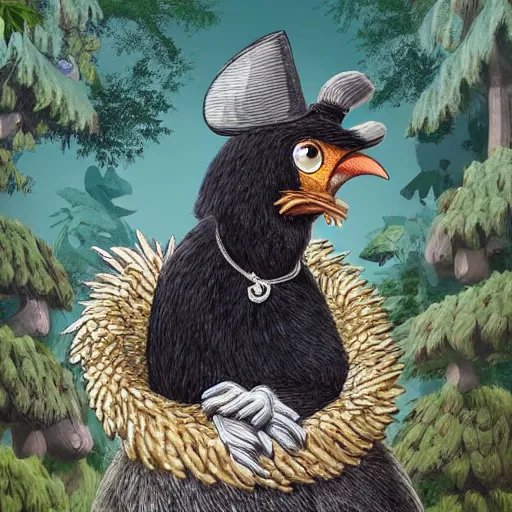 Image similar to a fabulous old woman with a sly face, a long nose and a wart on it. there is a black cat nearby. the background of huge chicken paws on top is a hut. fabulous enchanting dense forest around. very clear image. hyperrealistic.