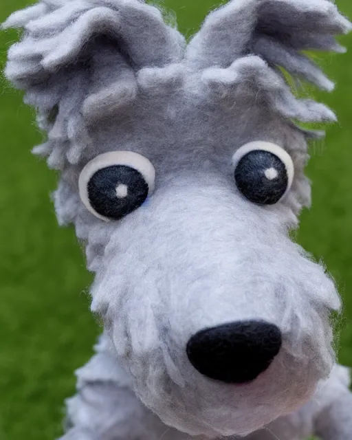 Image similar to a gray schnauzer dog as a muppet. highly detailed felt. hyper real photo. 4 k.