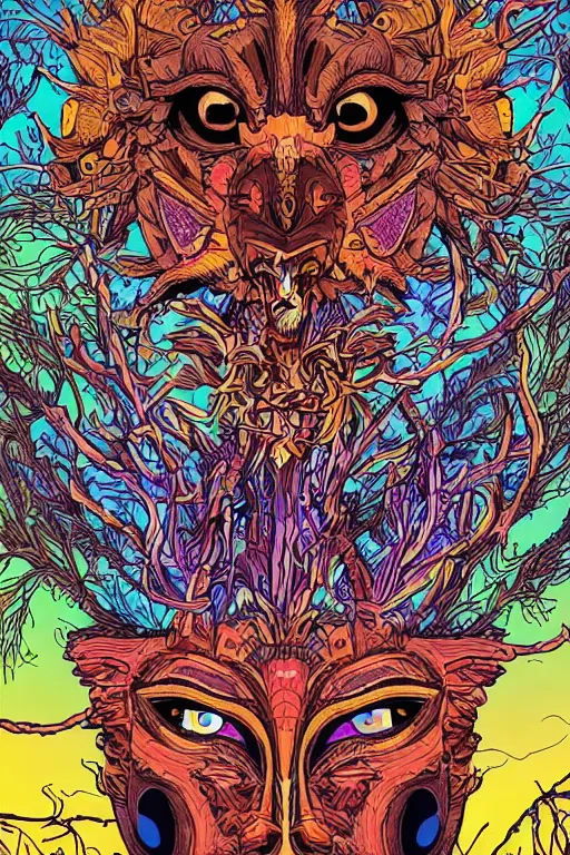 Image similar to animal mask totem roots flower tribal feather gemstone plant wood rock shaman vodoo video game vector cutout illustration vivid multicolor borderlands comics by josan gonzales and dan mumford radiating a glowing aura