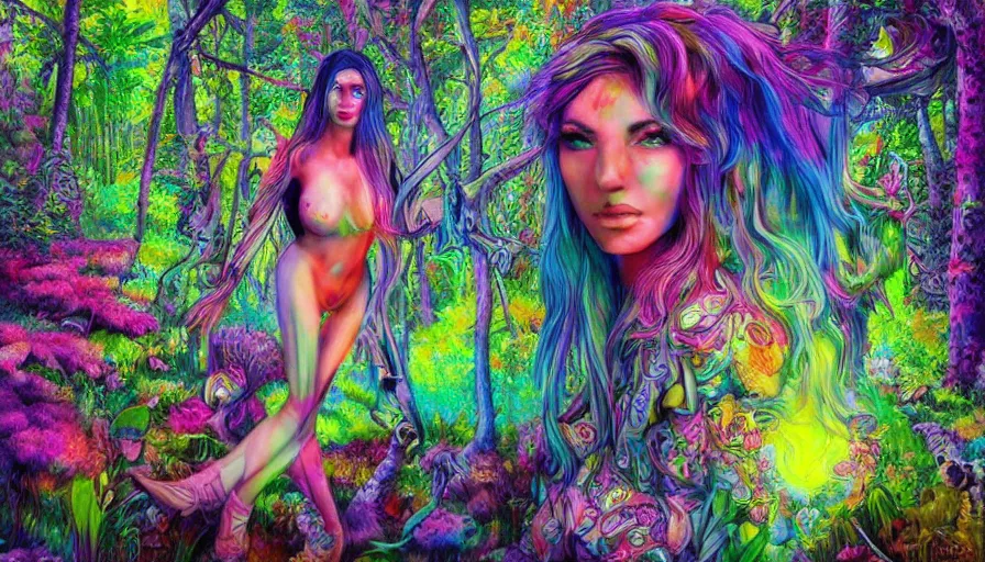 Image similar to landscape beautiful woman in psychodelic dmt lsd forest, photorealistic, artgerm, artwork by Arian, Mark