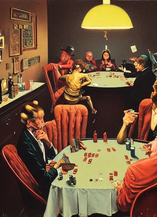 Prompt: realistic detailed image of dark figures playing poker in the style of Francis Bacon, Surreal, Norman Rockwell and James Jean, Greg Hildebrandt, and Mark Brooks, triadic color scheme, By Greg Rutkowski, in the style of Francis Bacon and Syd Mead and Edward Hopper and Norman Rockwell and Beksinski, open ceiling, highly detailed, painted by Francis Bacon, painted by James Gilleard, surrealism, airbrush, Ilya Kuvshinov, WLOP, Stanley Artgerm, very coherent, art by Takato Yamamoto and James Jean