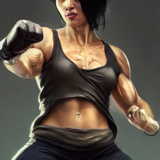 Image similar to an action photo of a black haired woman in a black tank top fighting a man, rocky movie, muscular upper body, abs, d & d, fantasy, intricate, elegant, highly detailed, digital painting, artstation, concept art, smooth, sharp focus, illustration, art by artgerm and greg rutkowski and alphonse mucha