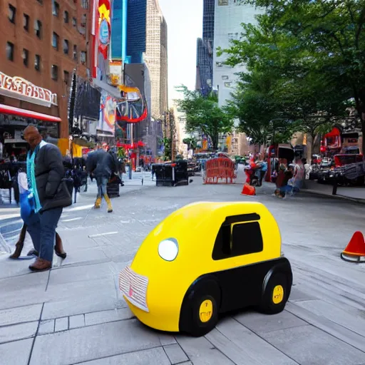 Prompt: a kiddie ride that is coin operated on the sidewalk in nyc