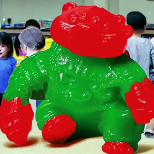 Prompt: a monster gummy bear tries to eat kids inside a kindergarten