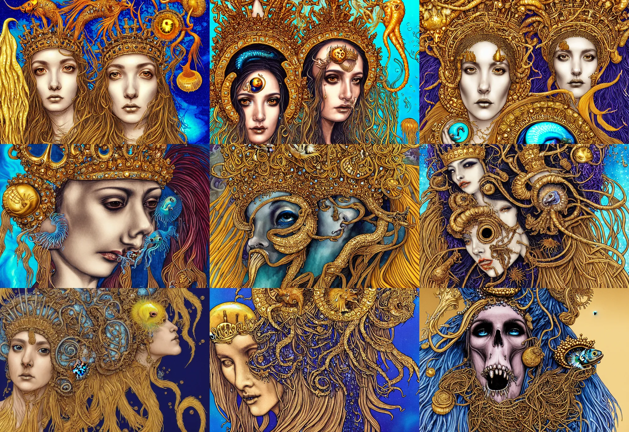 Image similar to isis goddess macro close - up portrait with extremely detailed crown made of ram skull dripping gold + betta fish + jellyfish, in the style of james jean, bioluminiscent, plasma, wind, creature