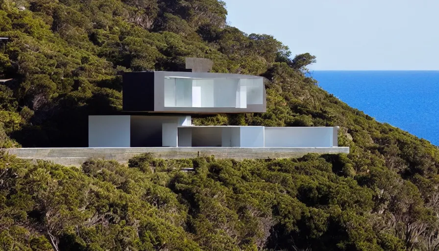 Prompt: modern house perched on a cliff overlooking a magnificient bay, drawing architecture, pritzker architecture prize, greig fraser