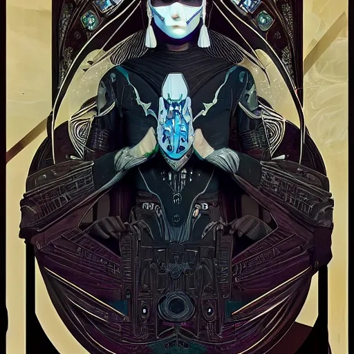 Image similar to a cyborg empress with mask, art nouveau ivory accessories, star wars, cyberpunk, darksynth, luxury, concept art by jama jurabaev, extremely detailed, ominous, ethereal, artstation, andree wallin, edvige faini, balaskas, alphonse mucha, symmetry