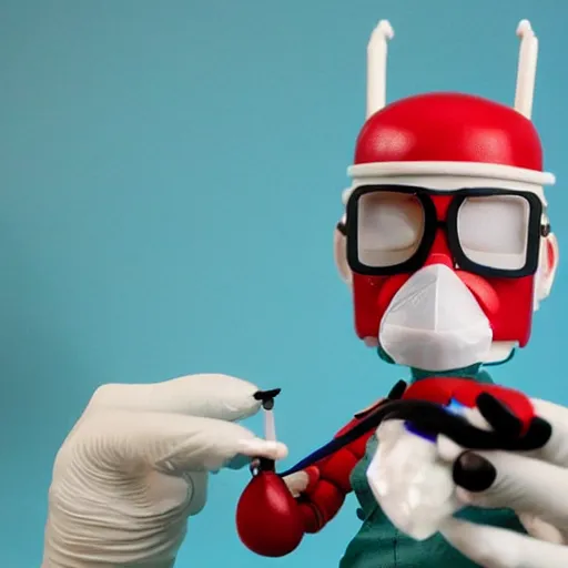 Prompt: orlan cosplay surgeon in operating theatre, stop motion vinyl action figure, plastic, toy, butcher billy style