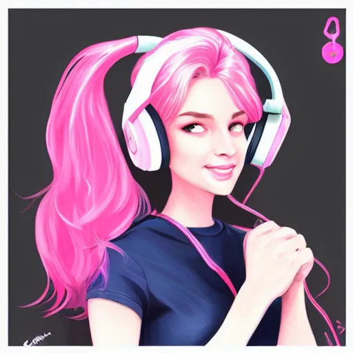 Image similar to very very very beautiful pink gamer girl wearing headphones standing in a pink girls room, full body portrait, eye contact, smiling, perfect face, perfect body, extreme long shot, drawn by artgerm and charlie bowater