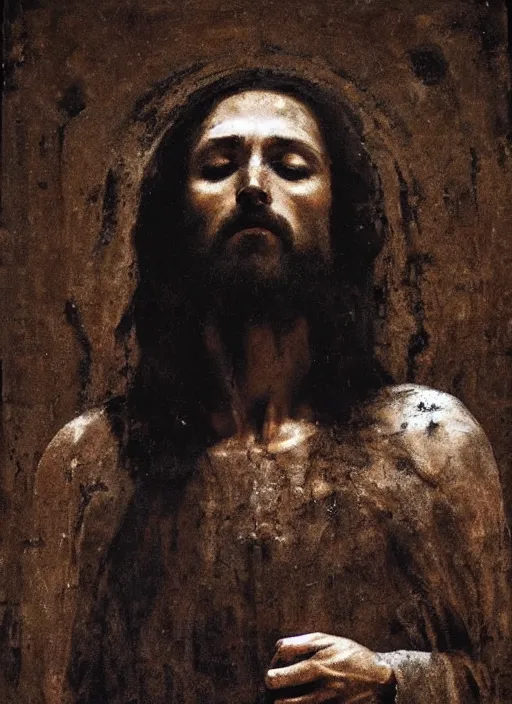 Image similar to portrait of Jesus Christ on the cross, by Nicola Samori, painting, 8k, high detail