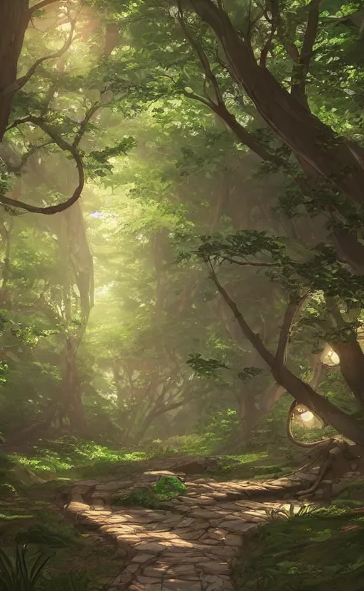 Image similar to forest path, beautiful ancient trees, hiding large treasure chest, serene evening atmosphere, soft lens, soft light, cel - shading, animation, in the style of cgsociety, deviantart, artstation, zbrush, cinema 4 d, studio ghibli, akihiko yoshida, atelier lulua, masamune shirow