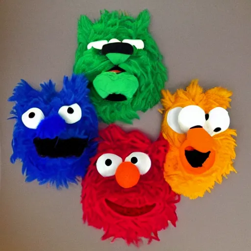 Image similar to three elmo heads in the style of three wolf moon