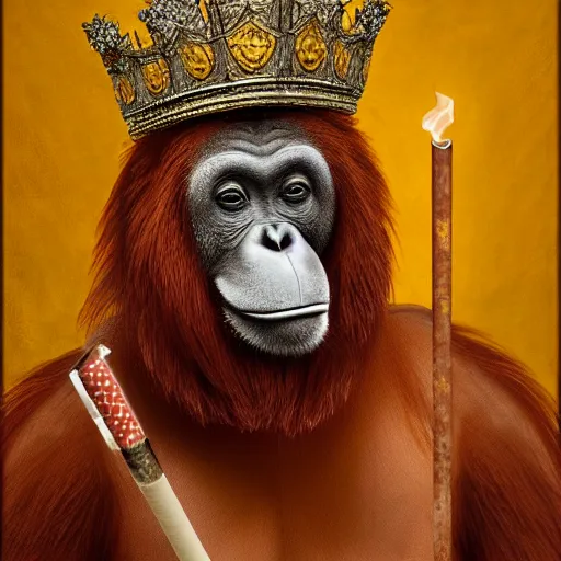 Image similar to a royal medieval portrait painting of an orangutan wearing a crown and smoking a cigarette, 4 k, hyper realistic, dslr, landscape, high resolution, painting,